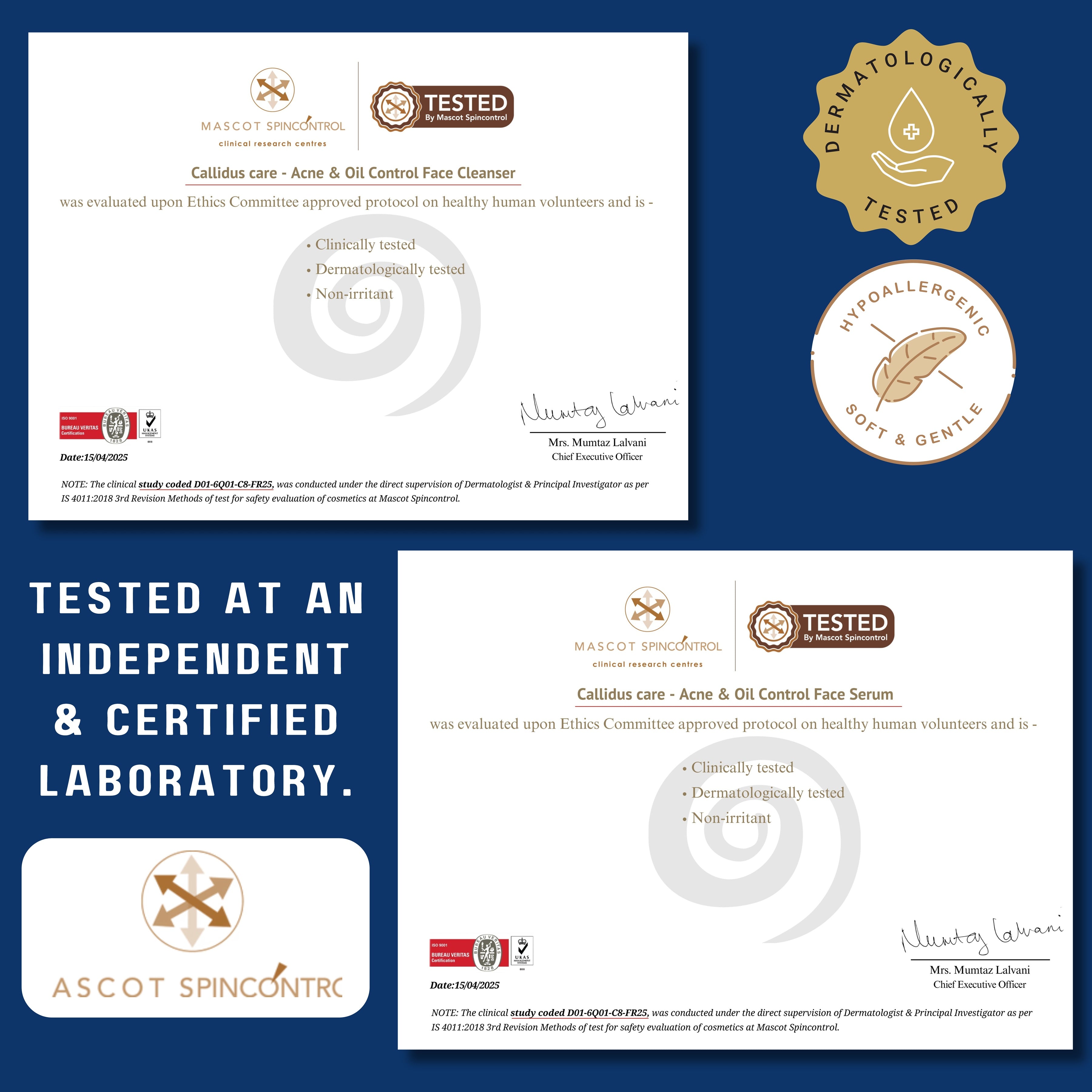 Certificates and logos indicating dermatological testing and independent certification on a blue background