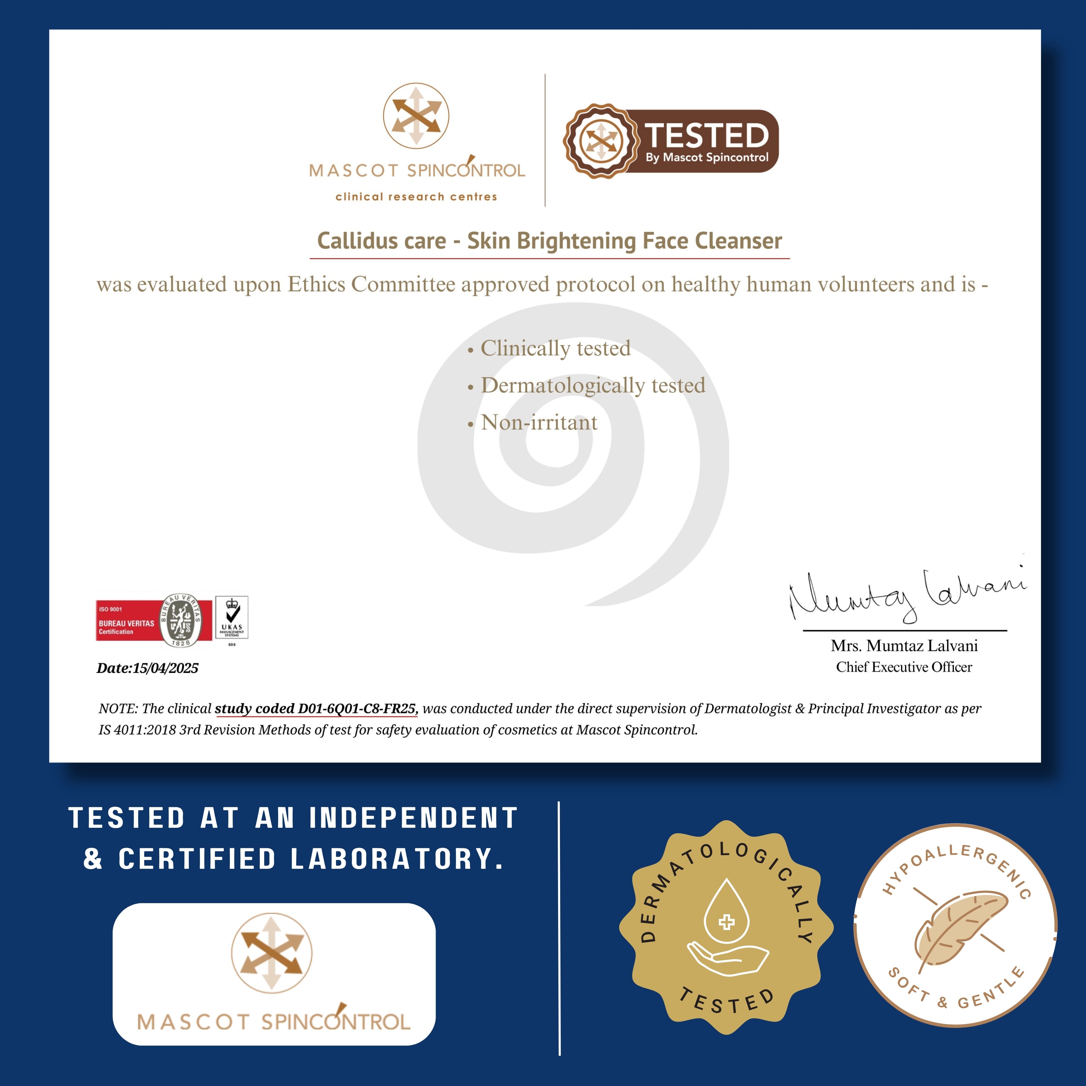 Certificate of clinical testing for a skin brightening face cleanser on a blue background