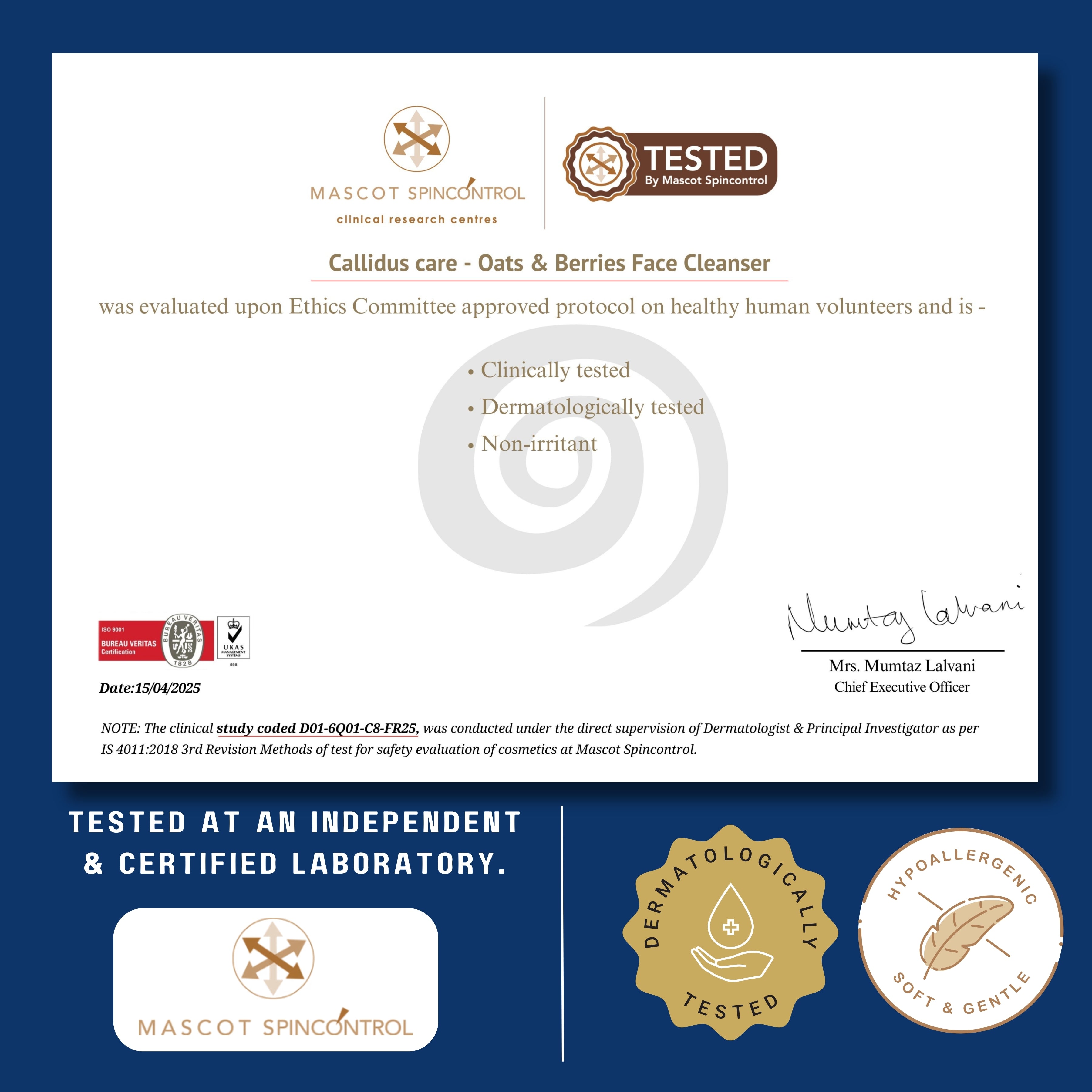 Certificate of clinical testing for a face cleanser with logos and text on a blue background