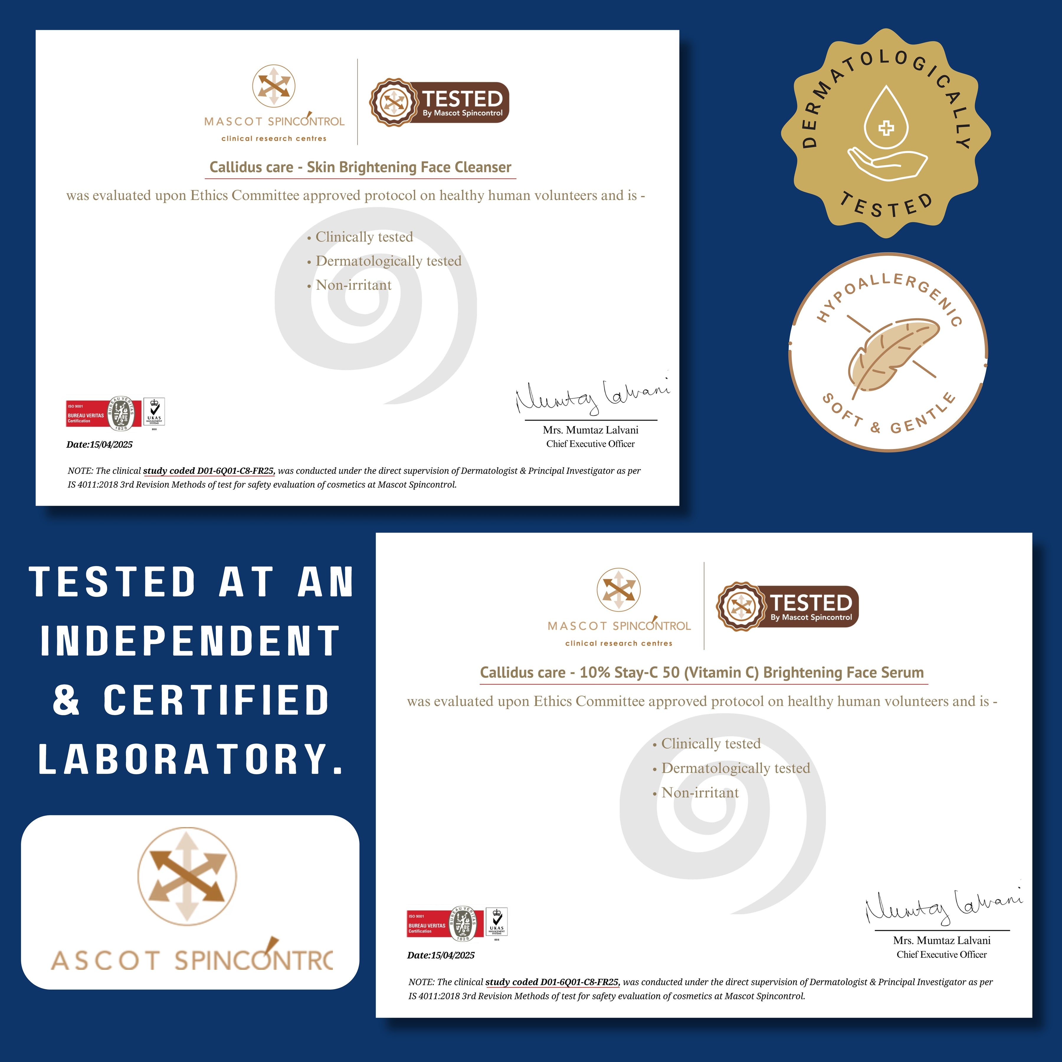 Certificates and logos indicating dermatological testing and independent certification on a blue background