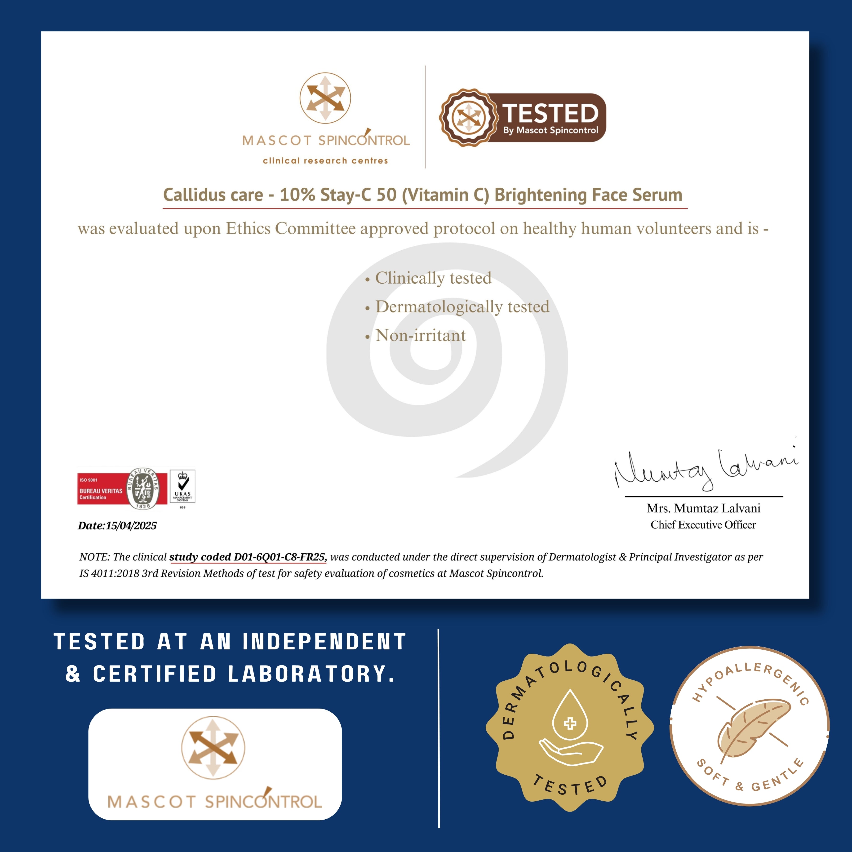 Certificate of evaluation for a face serum with logos and text on a blue background