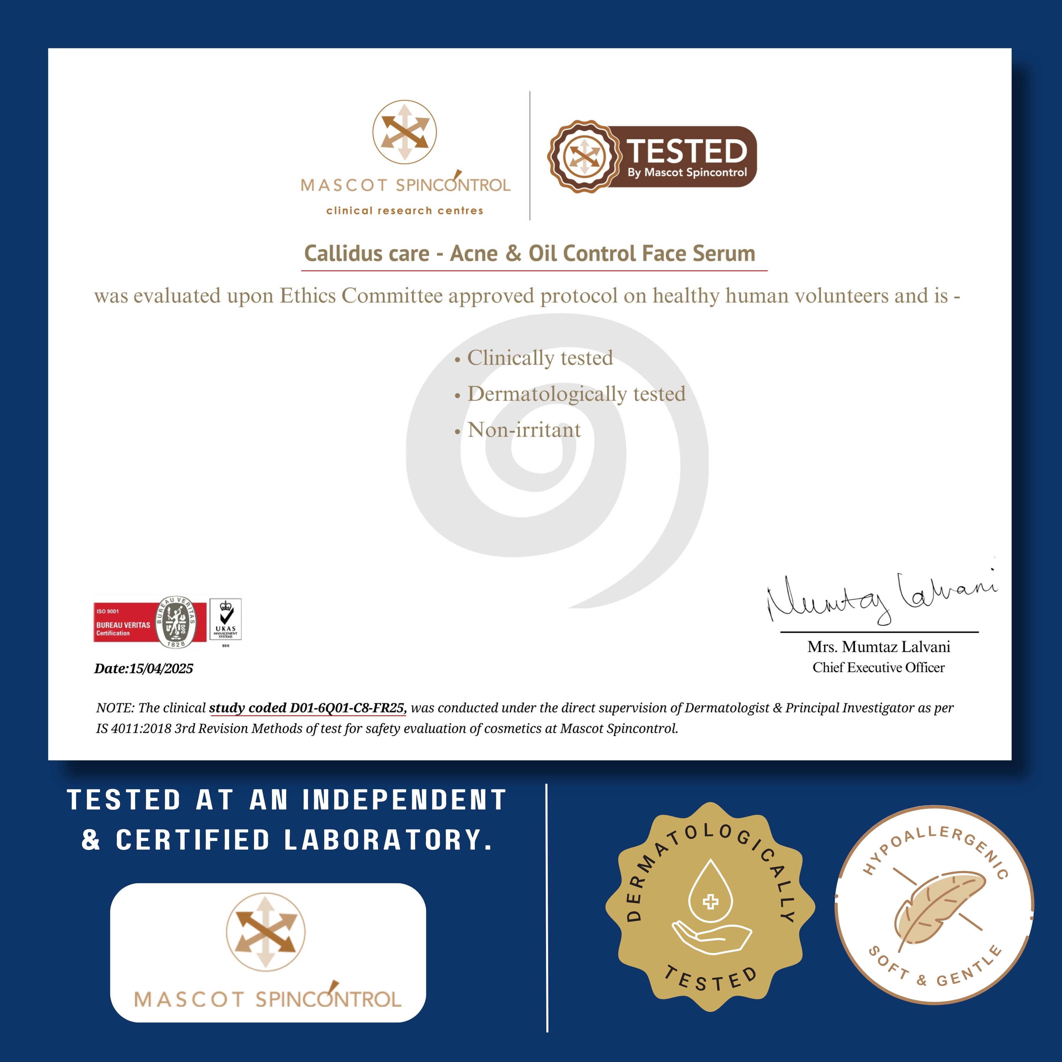 Certificate of evaluation for a face serum with logos and text on a blue background