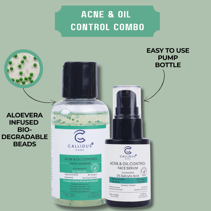 Callidus Acne and Oil Control Combo with aloe vera infused cleanser and pump serum bottle