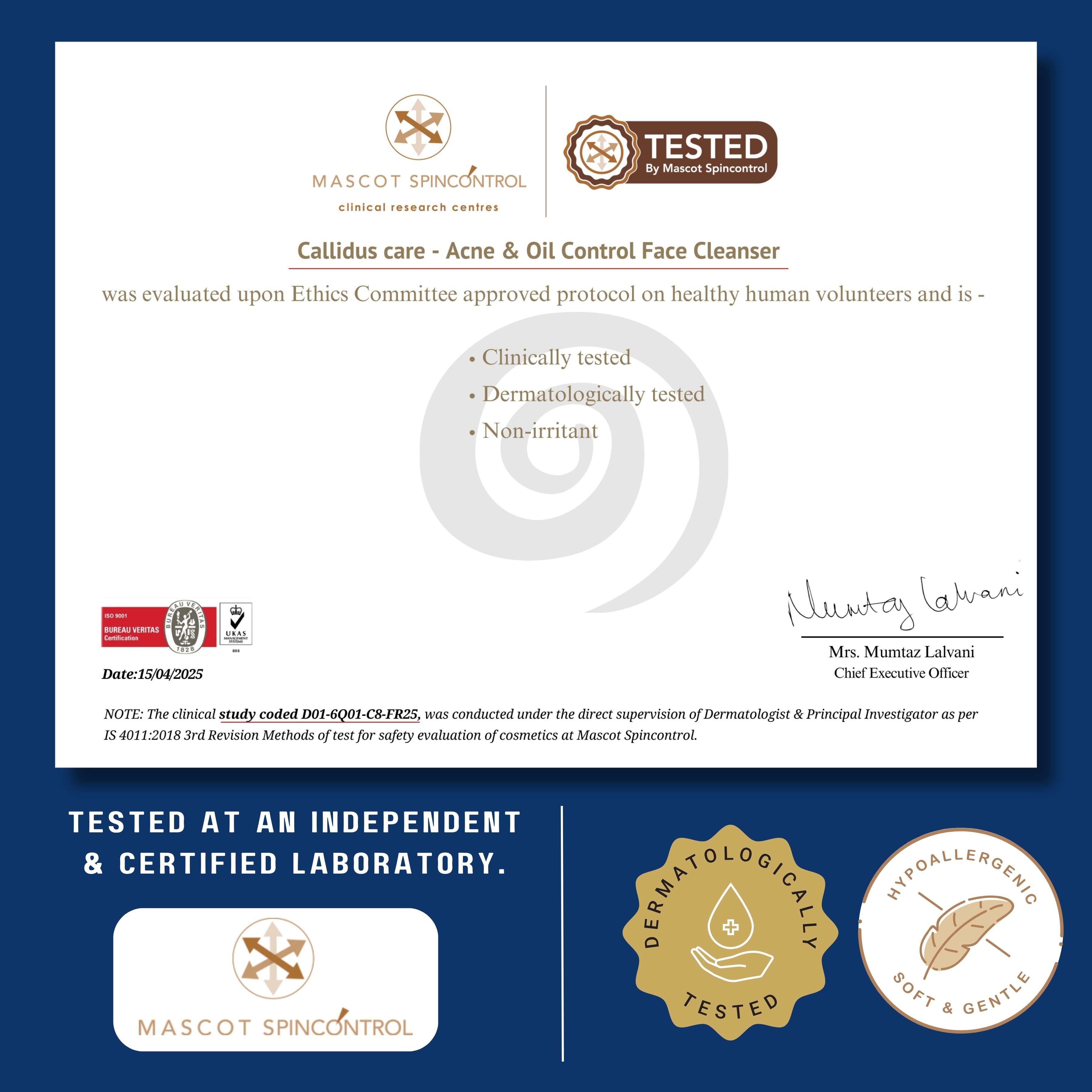 Callidus Care Acne Cleanser clinically tested and certified for dermatological safety by Mascot Spincontrol