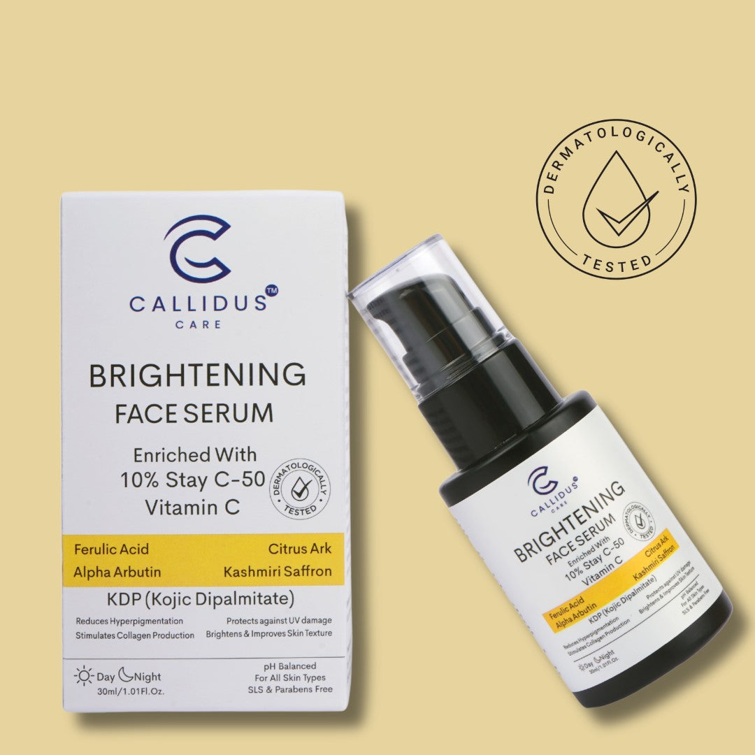 Brightening Face Serum bottle with packaging box highlighting Vitamin C and active ingredients.