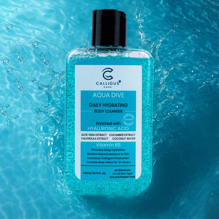 Aqua Dive Body Cleanser by Callidus Care floating in blue water with splash effect.