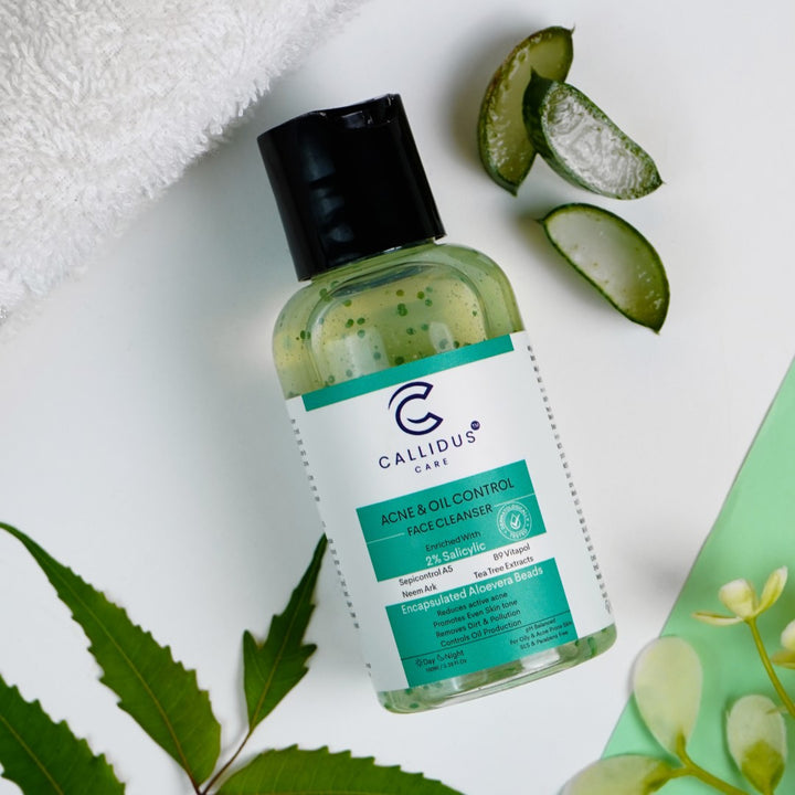 Callidus Care Acne & Oil Control Face Cleanser flatlay with aloe vera and towel