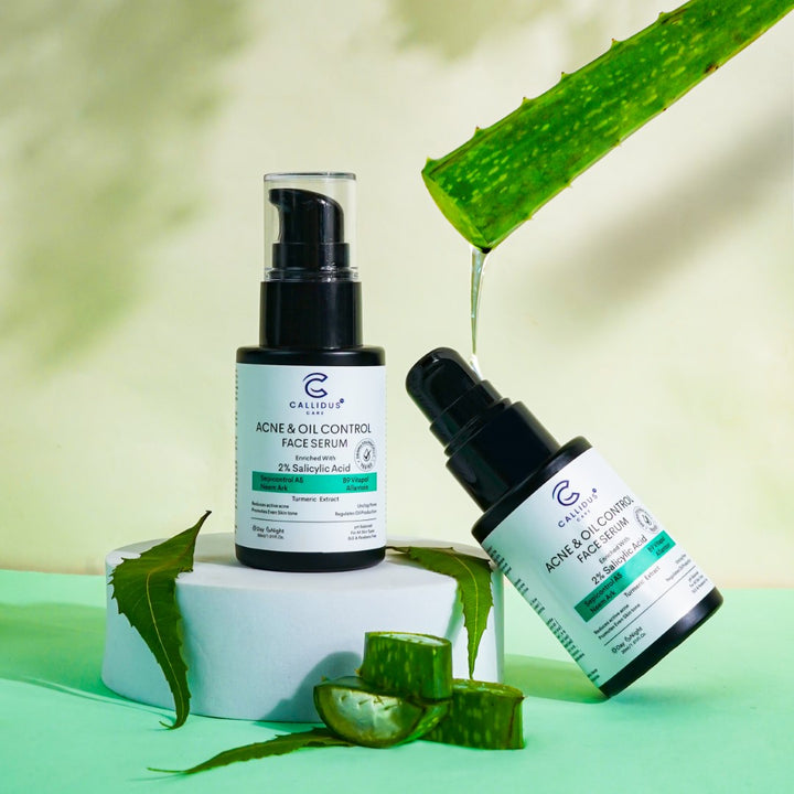 Callidus Face Serum with aloe vera dripping gel and neem leaves for acne treatment