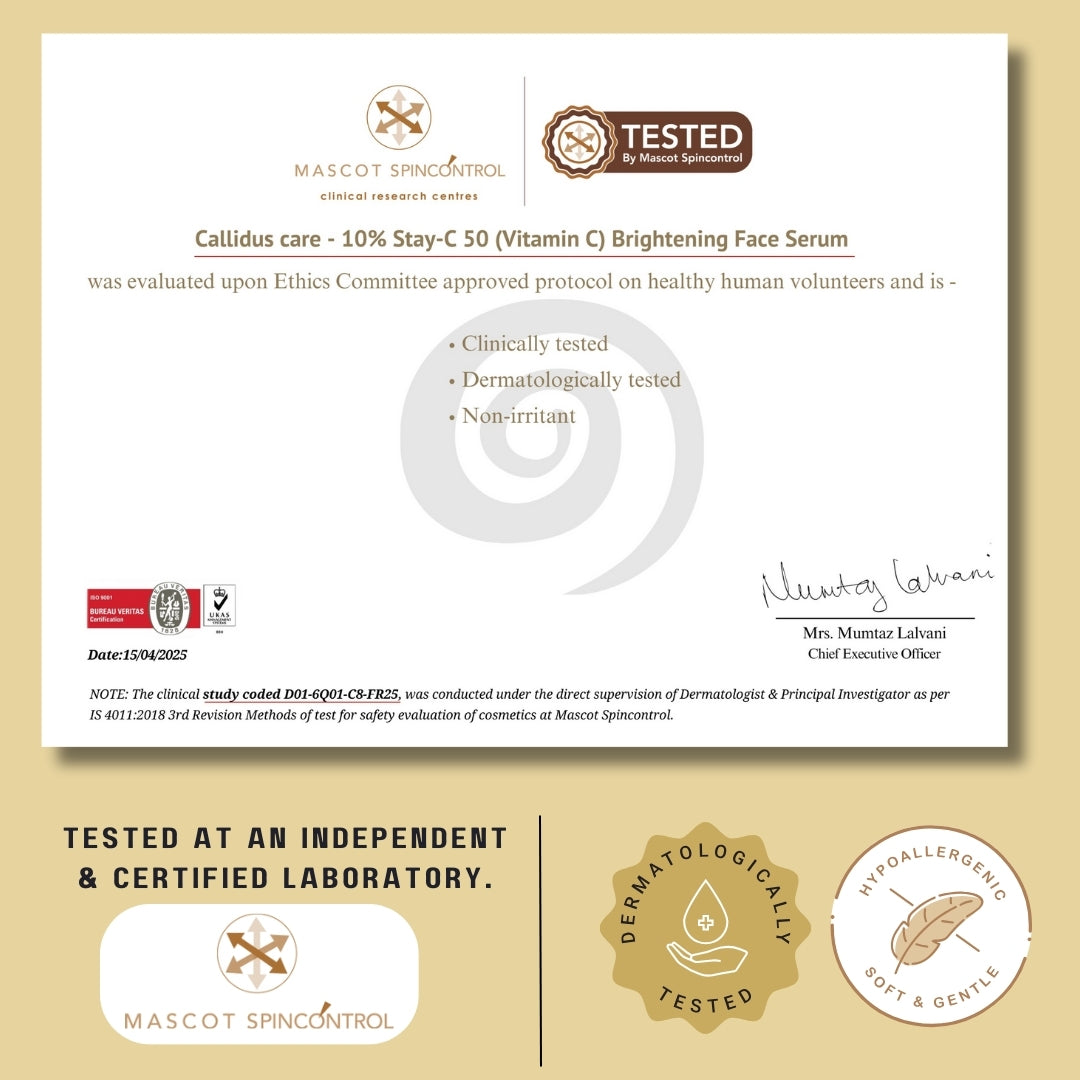 Official lab certification for Callidus Care Brightening Serum, confirming dermatological and clinical testing.
