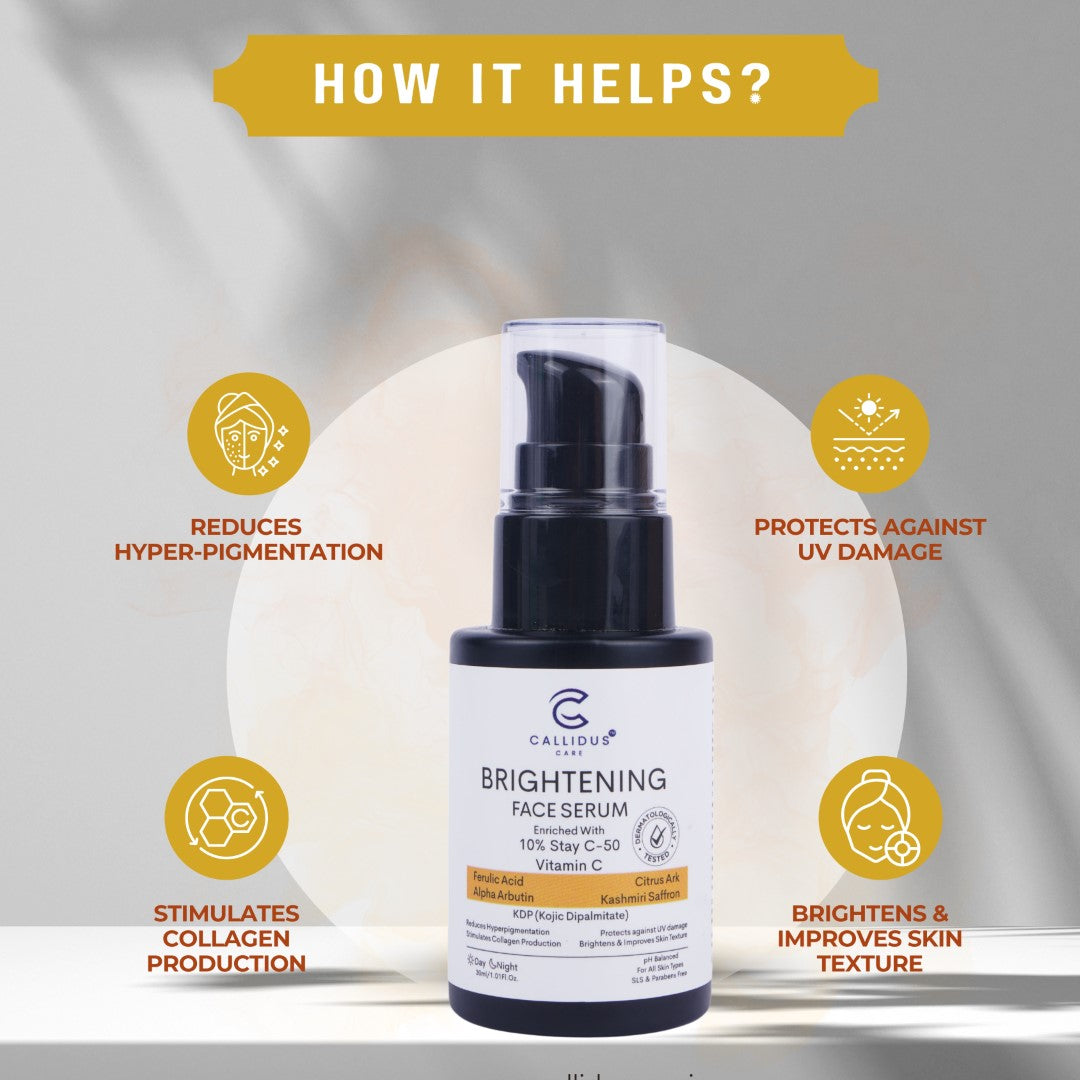 Infographic showcasing benefits of Callidus Care Brightening Serum like reducing pigmentation and improving skin texture.