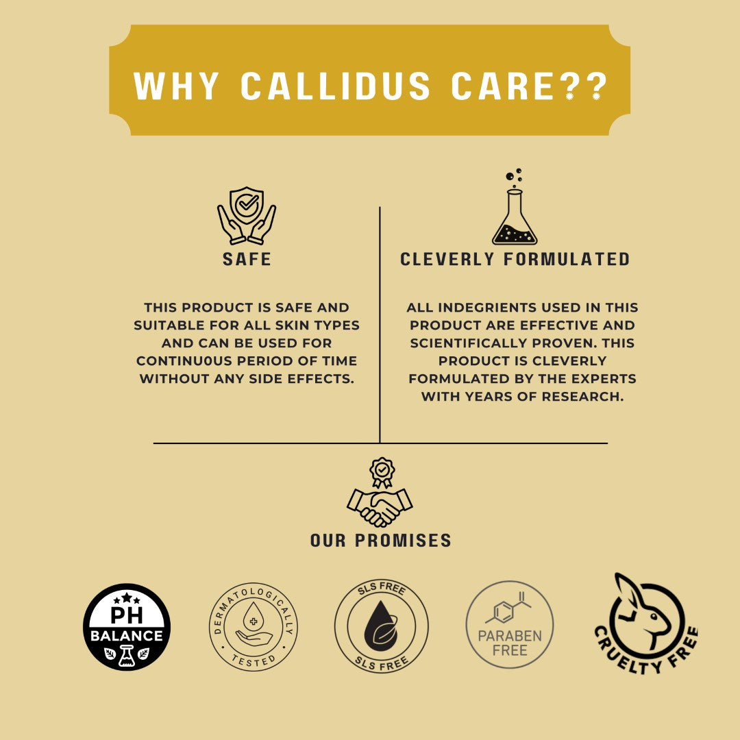 Highlights of Callidus Care Brightening Serum with pH balance, dermatological testing, and cruelty-free promise.